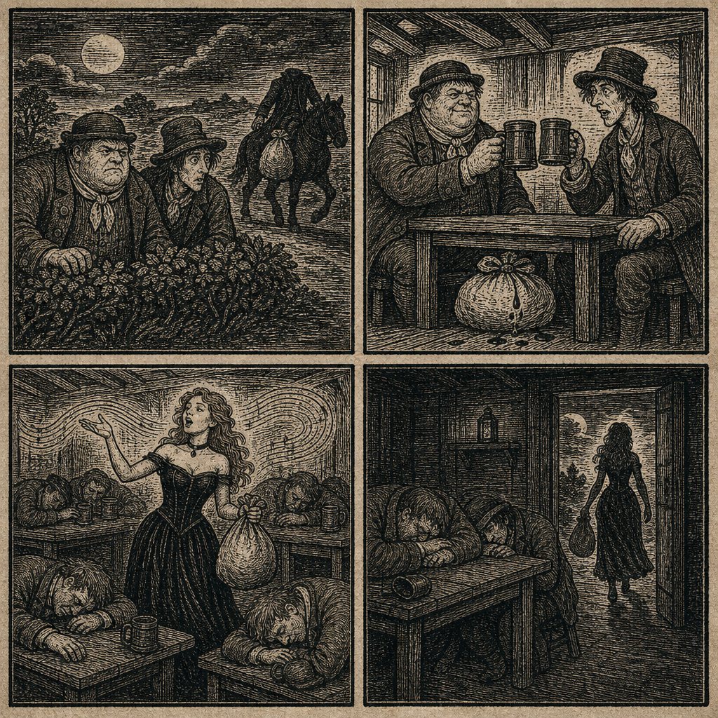 Woodcut panels of the theft, the cat attending