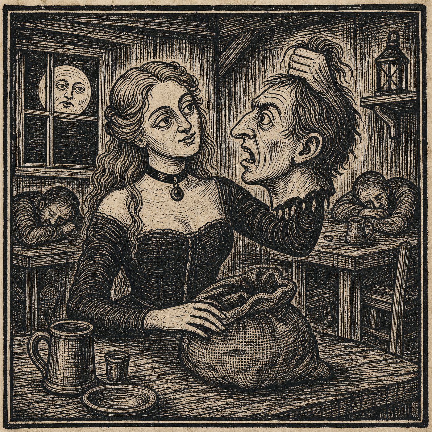 Woodcut: the singer at the tavern table, the house asleep around her